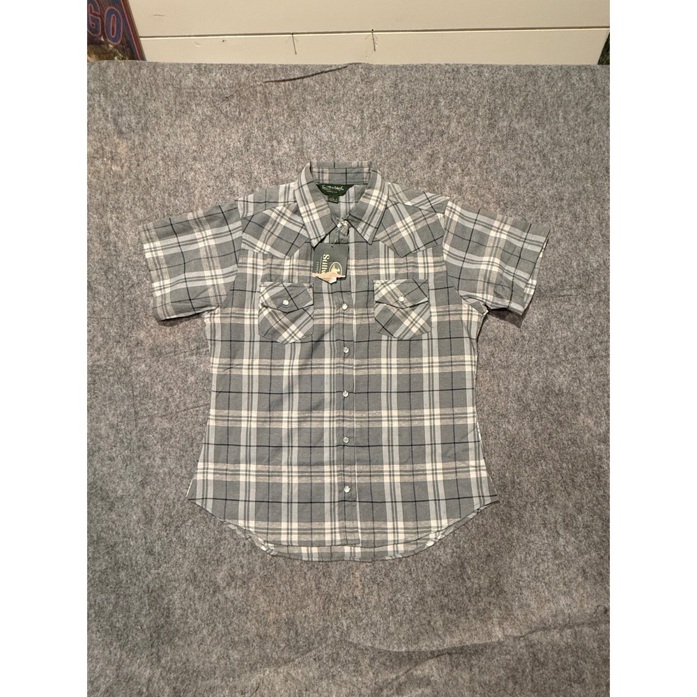 Stillwater Supply Co Womens Small Grey Plaid Western Short Sleeve Pearl Snap‎